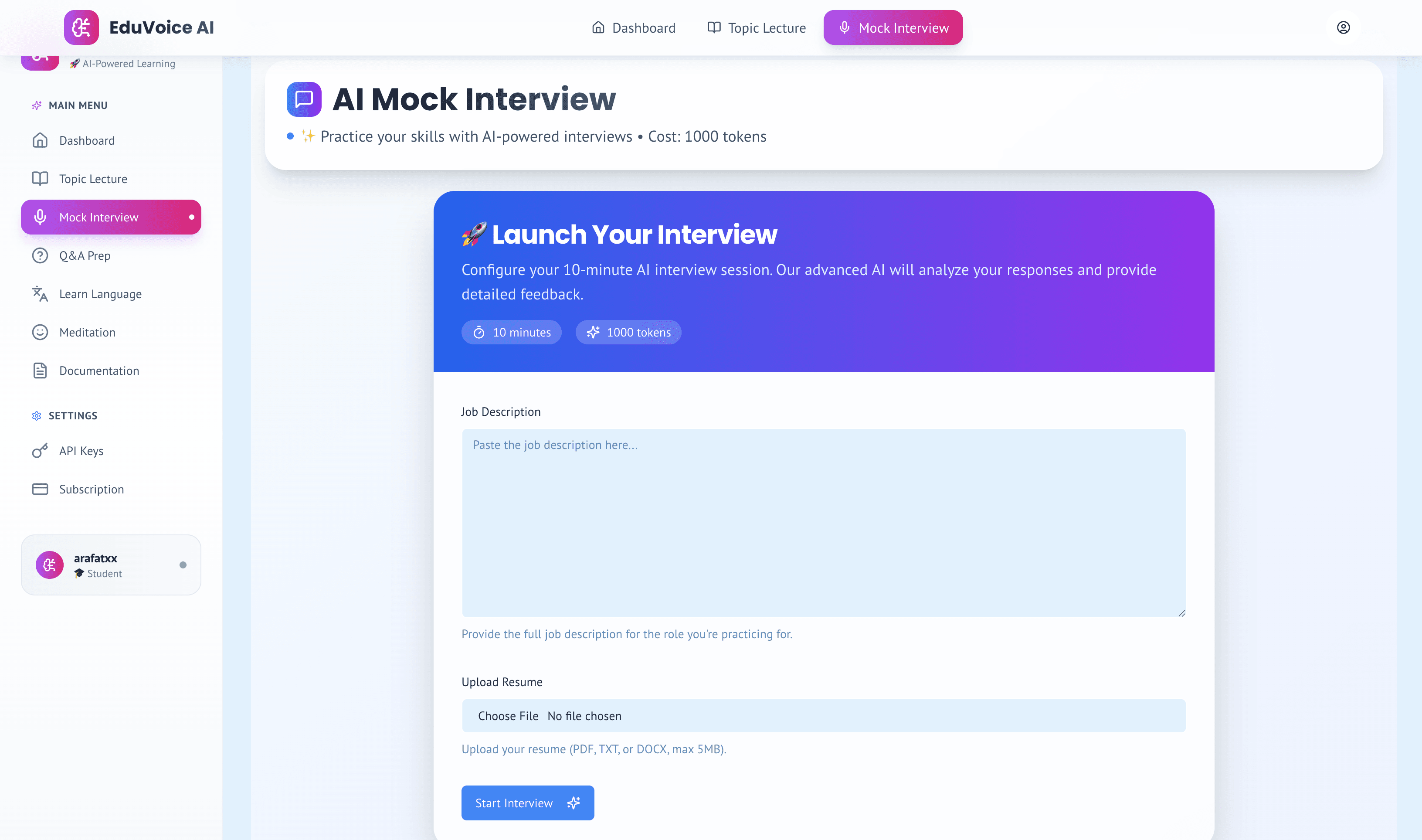 User practicing interview with AI agent